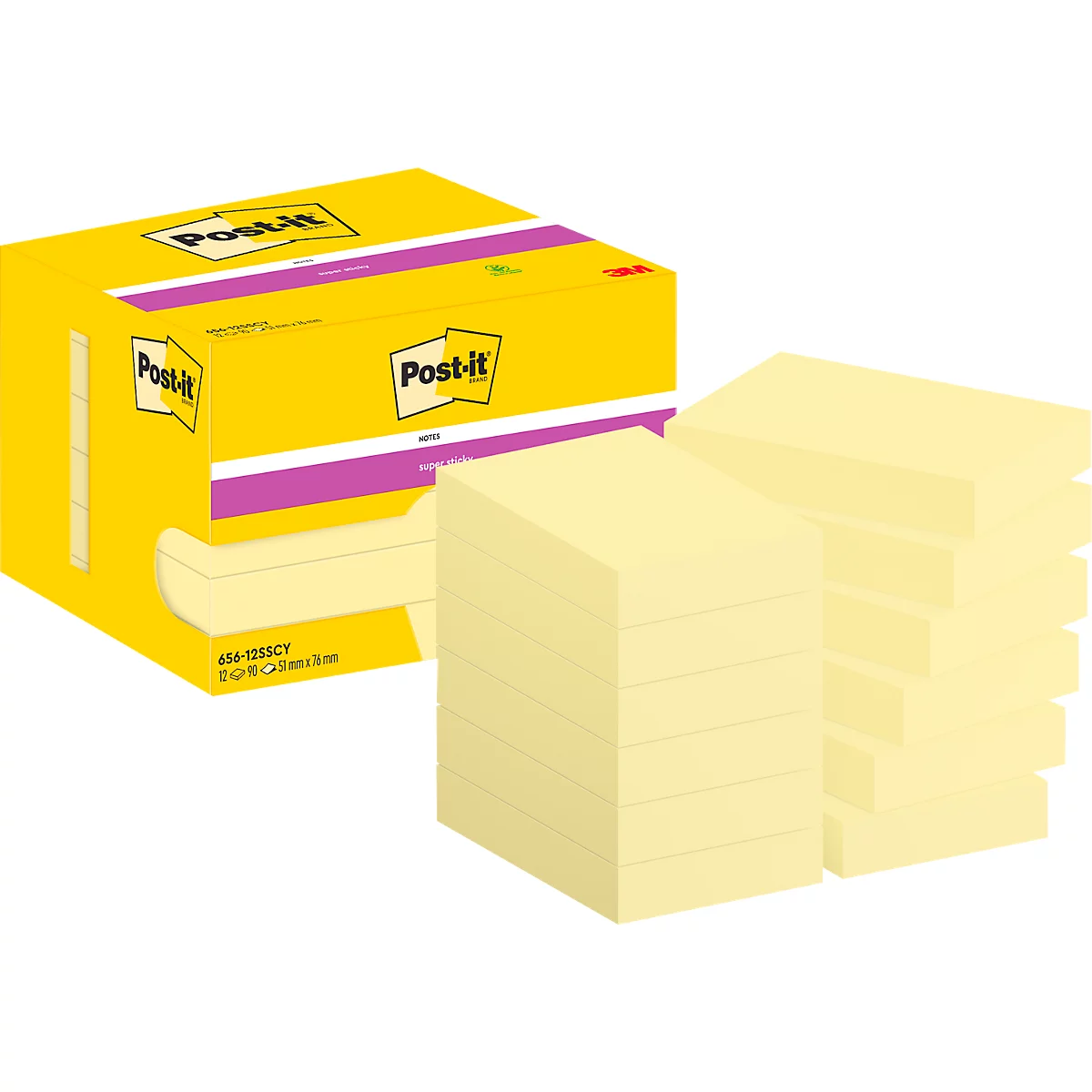 Post-It® Sticky Notes Super Sticky Notes, geel, 47,6 x 73 mm, 90 vellen/blok, 12 pads, in kartonnen verpakking