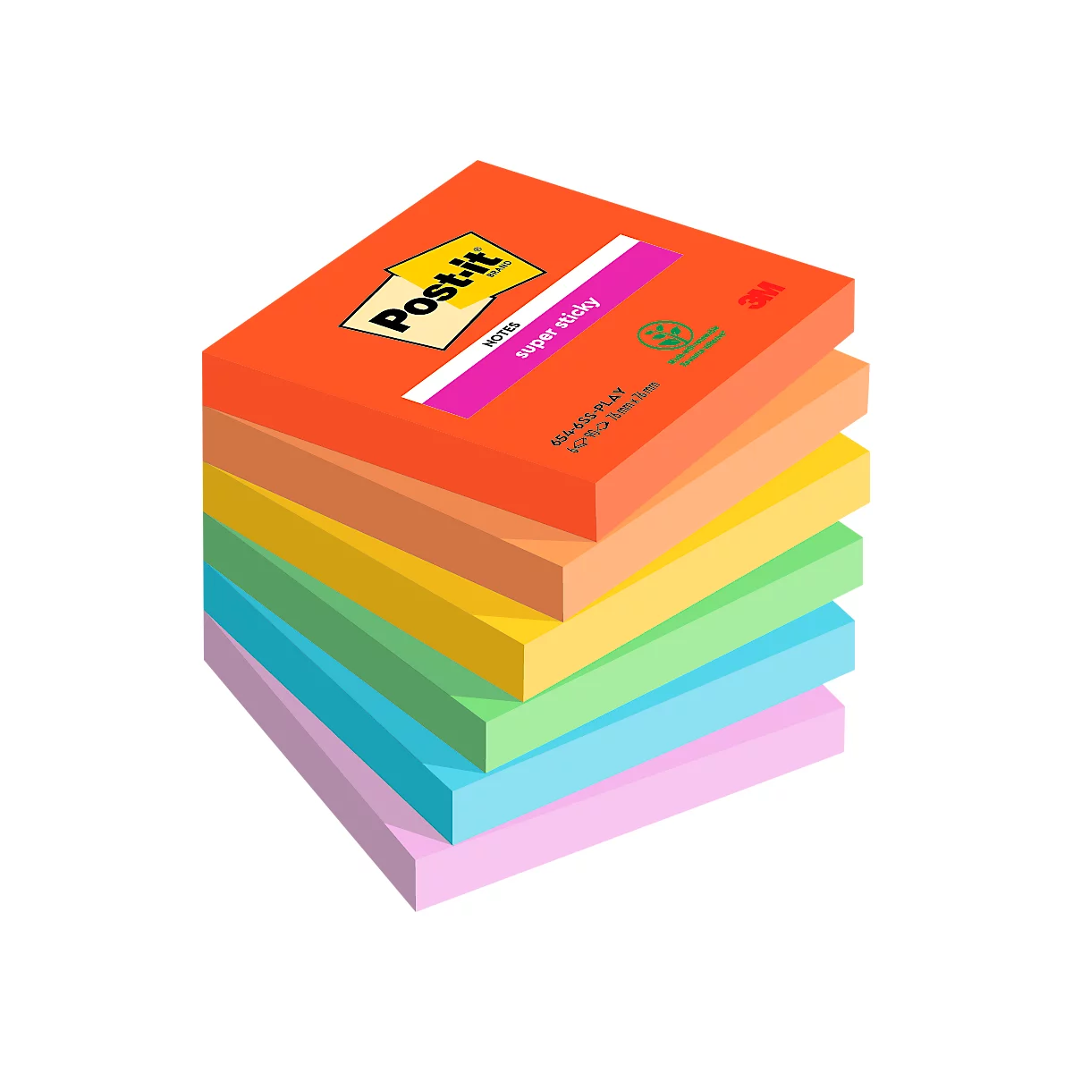 A stack of Post-it sticky notes in various colors, with logo and text.
