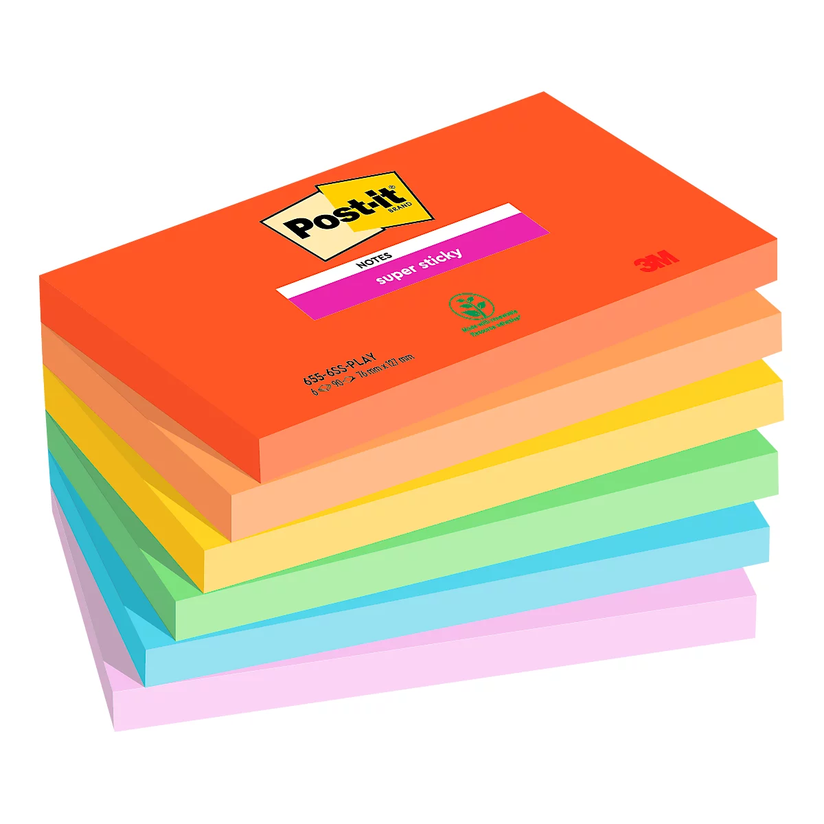 A stack of colorful Post-it notes, orange on top, with "Post-it" and "super sticky" printed on them. Seven different colors are visible.