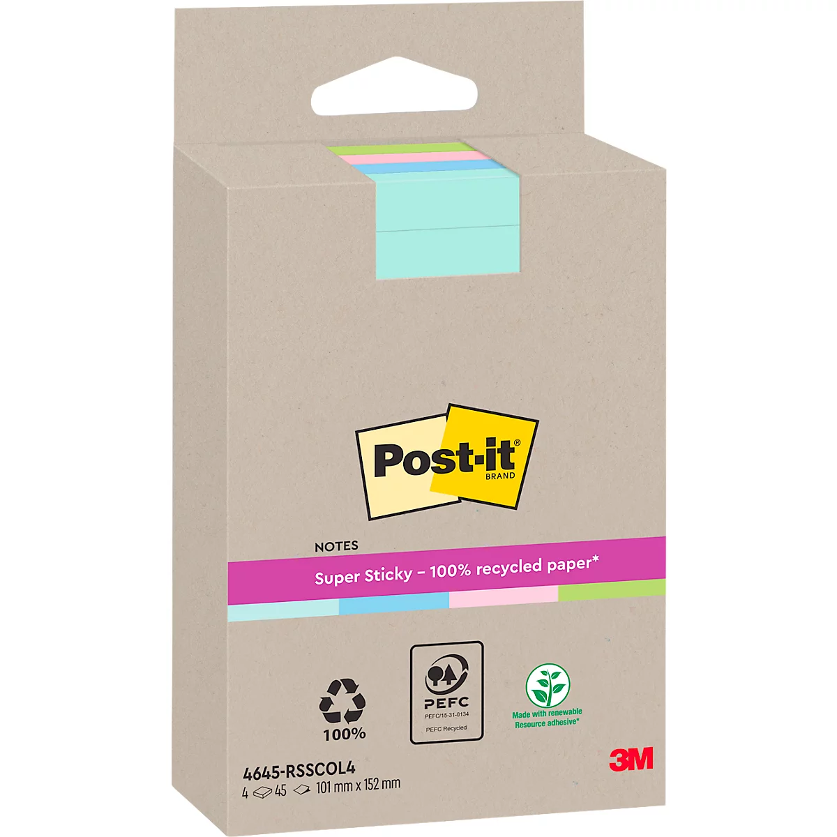 Kartonnen doos met Post-it notes, gemarkeerd met 'Super Sticky' en '100% gerecycled papier'.