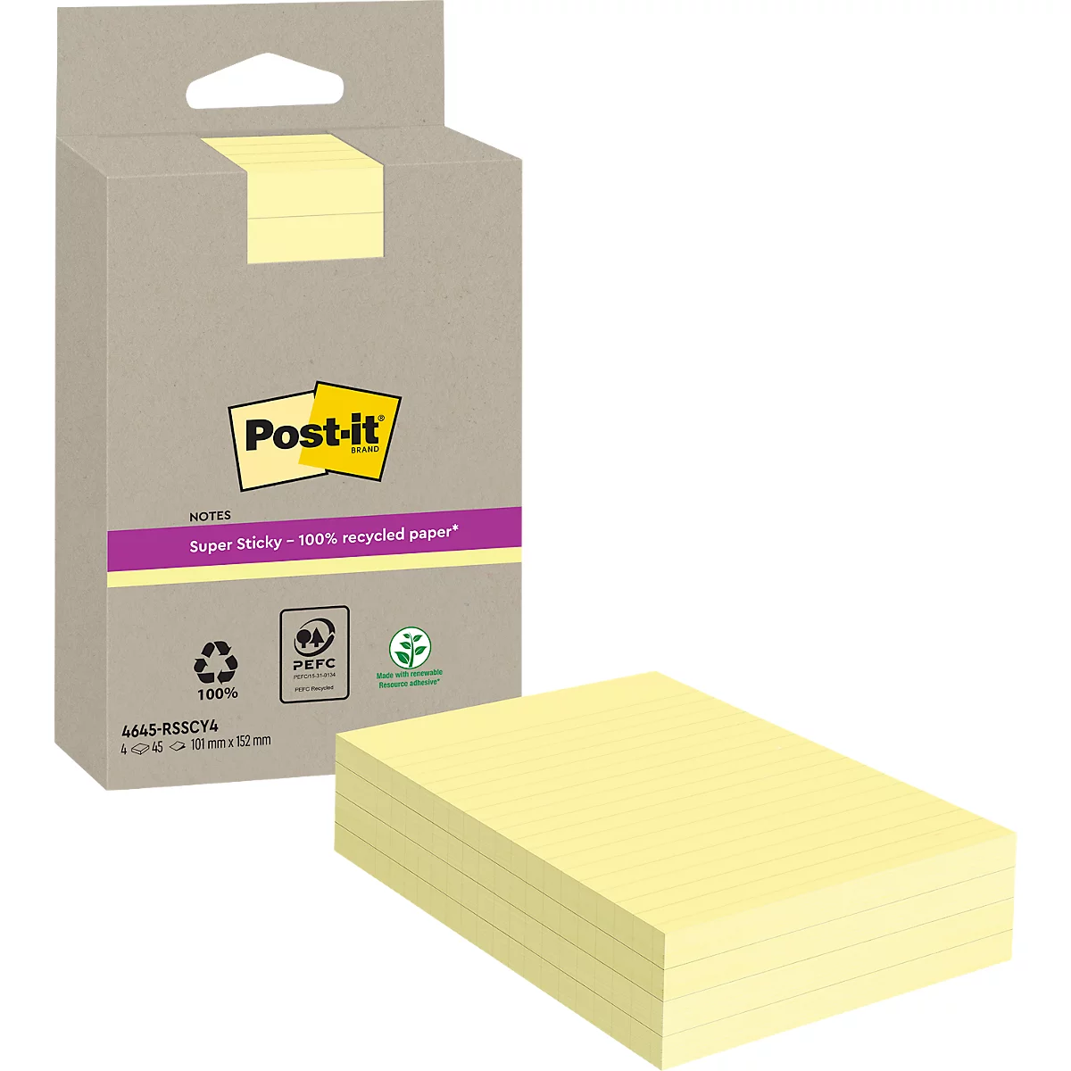Een gele Post-it notitieset en een pak tegen een grijze achtergrond. Bedrukking: 'Super Sticky - 100% gerecycled papier'.