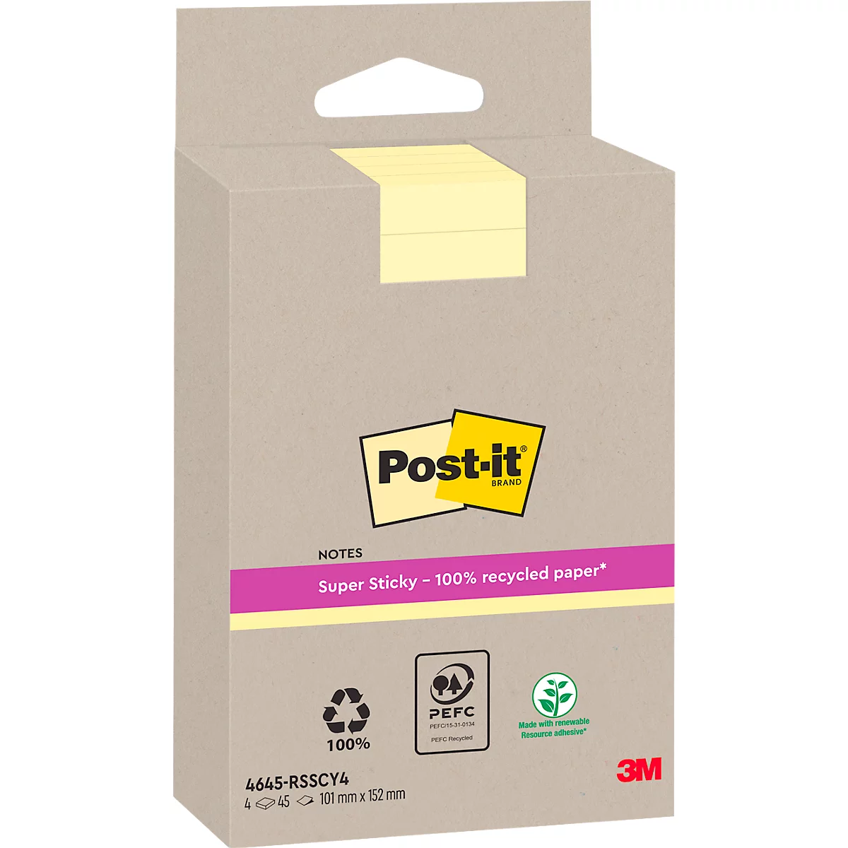 Post-it notitieblok in verpakking met tekst: Super Sticky - 100% gerecycled papier.
