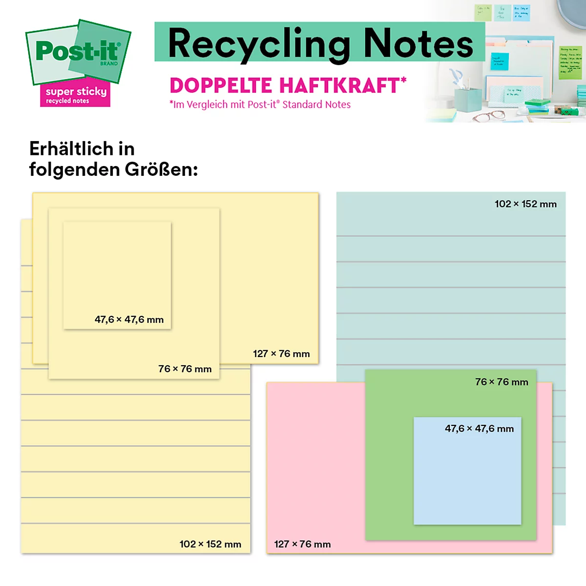 Post-it plaknotities in grijze verpakking, geel. Gedrukt: Super Sticky, 100% gerecycled papier.