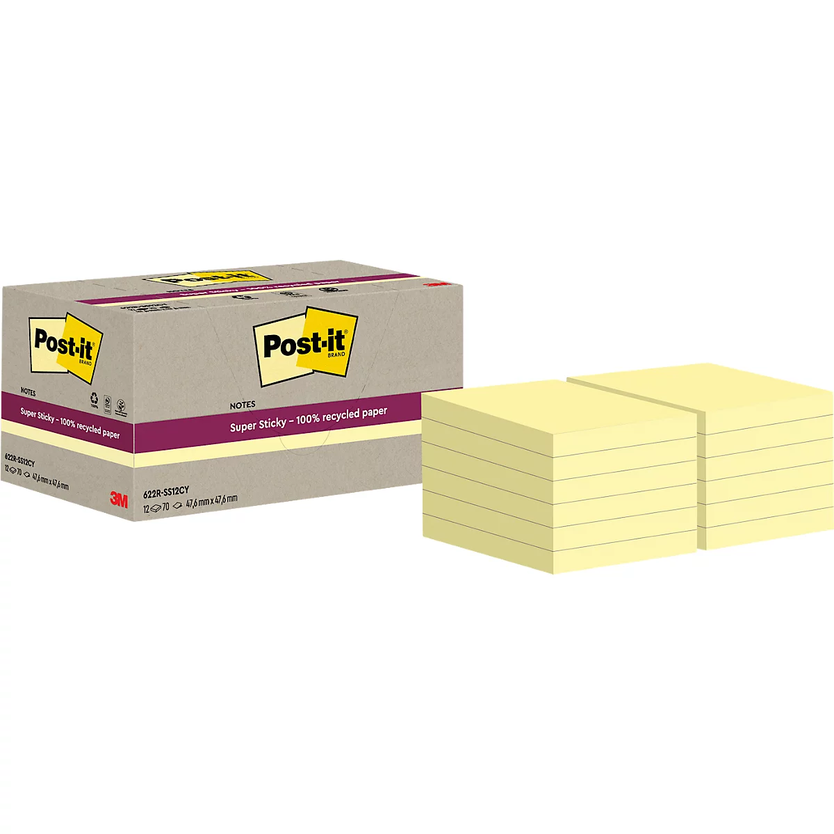 Een doos en een stapel gele Post-it briefjes. Op de doos staat "Post-it", en daaronder "Super Sticky - 100% recycled paper".