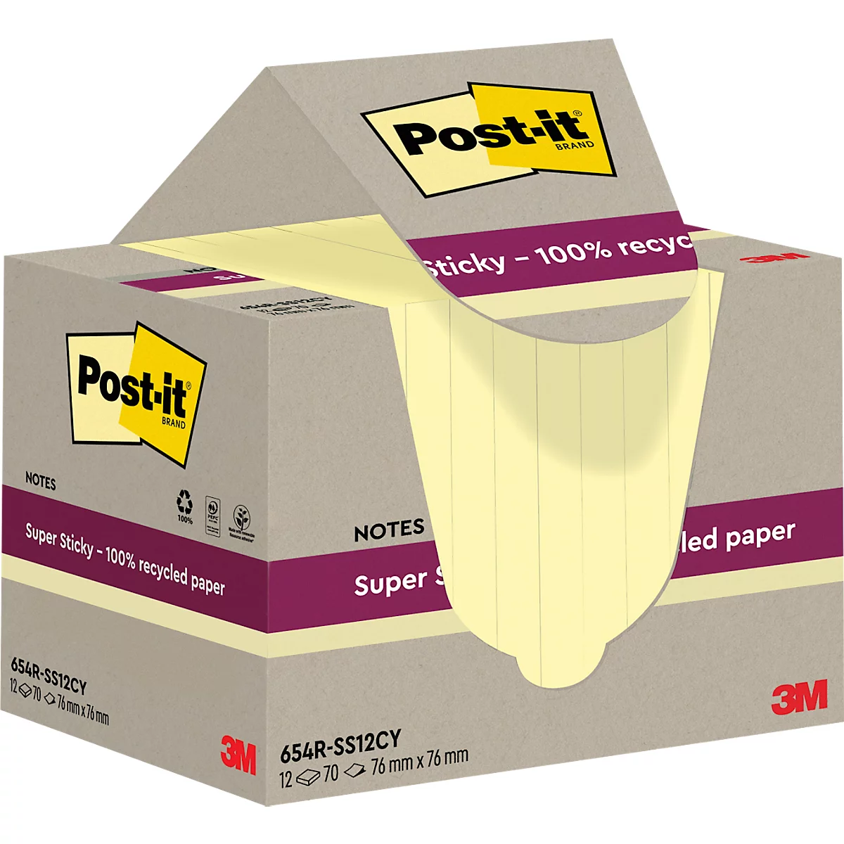 Geopende Post-it notes doos. Beige doos met gele plaknotities. Inscriptie: Super Sticky - 100% gerecycled papier.