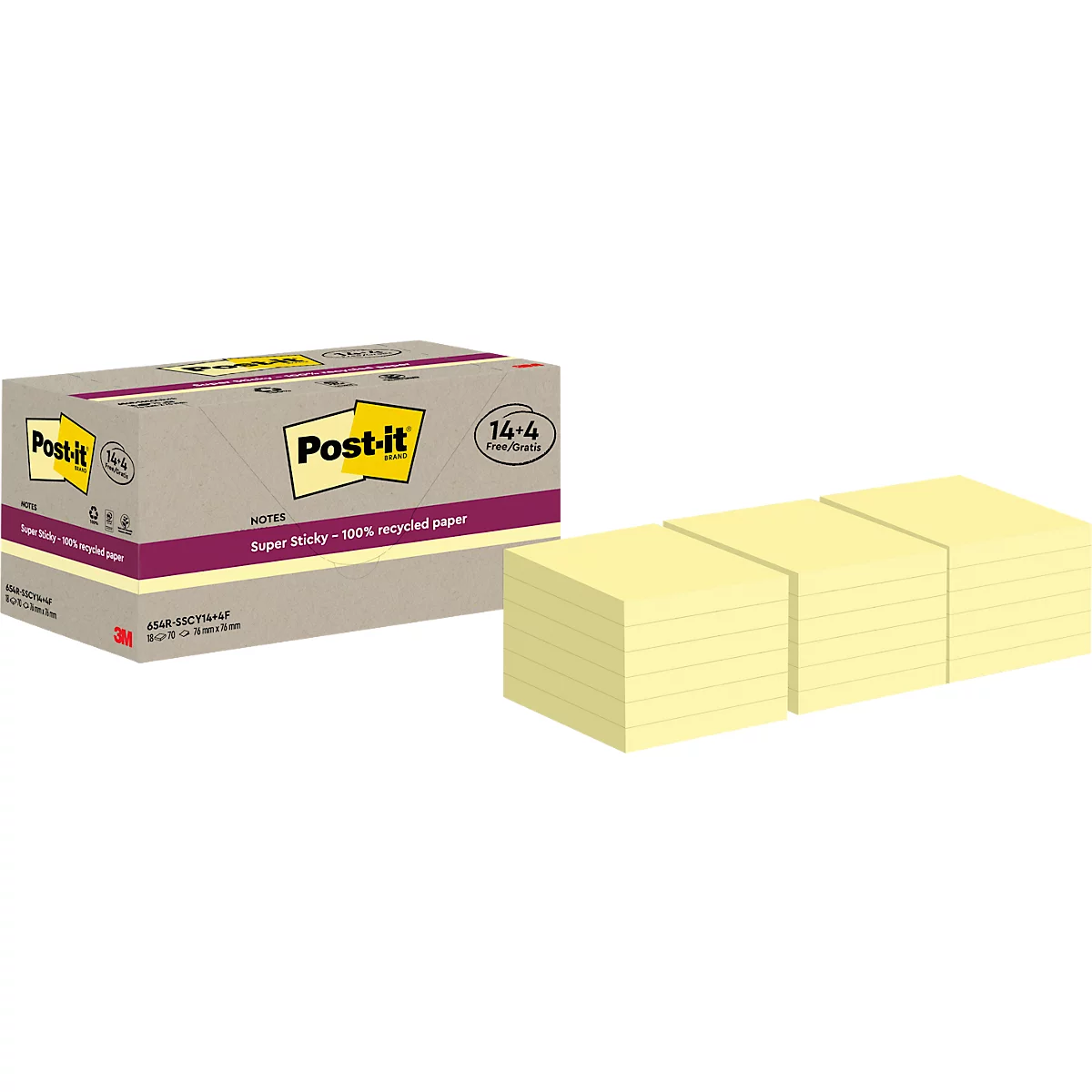 Een doos Post-it notes en drie blokken gele plaknotities.