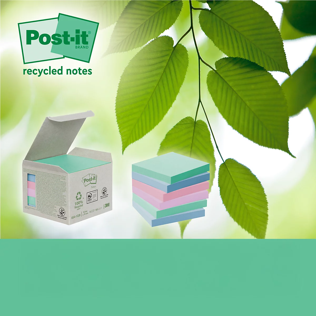 Post-it notes in groene gerecyclede kartonnen doos. Op de foto staan bladeren en de tekst "100% gerecycled karton".
