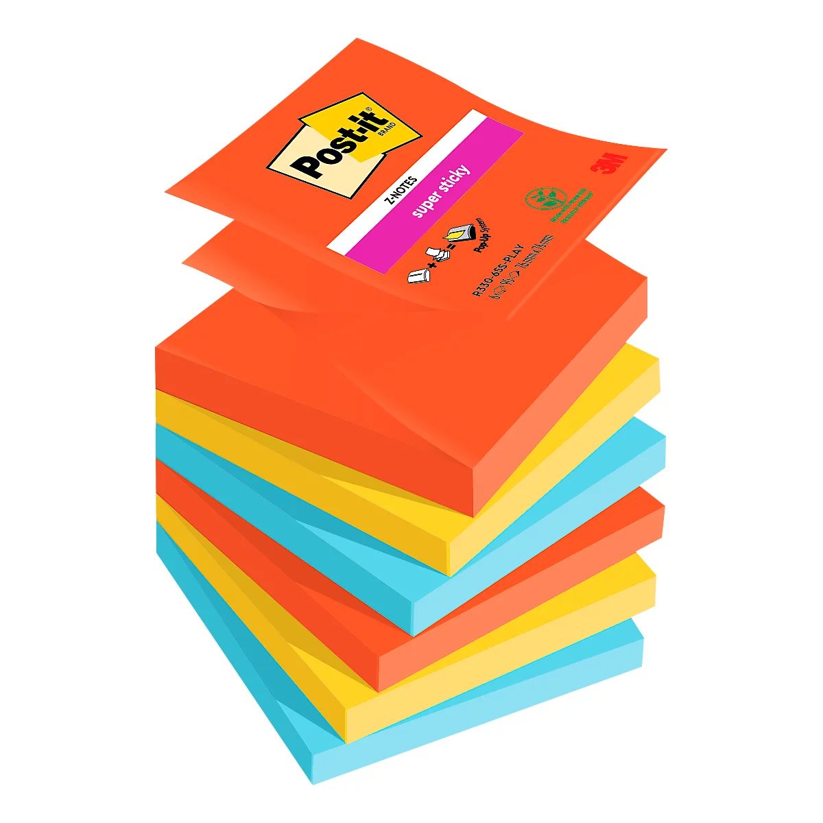 Stack of multi-colored Post-it notes: orange, yellow, and blue. Top with product info.