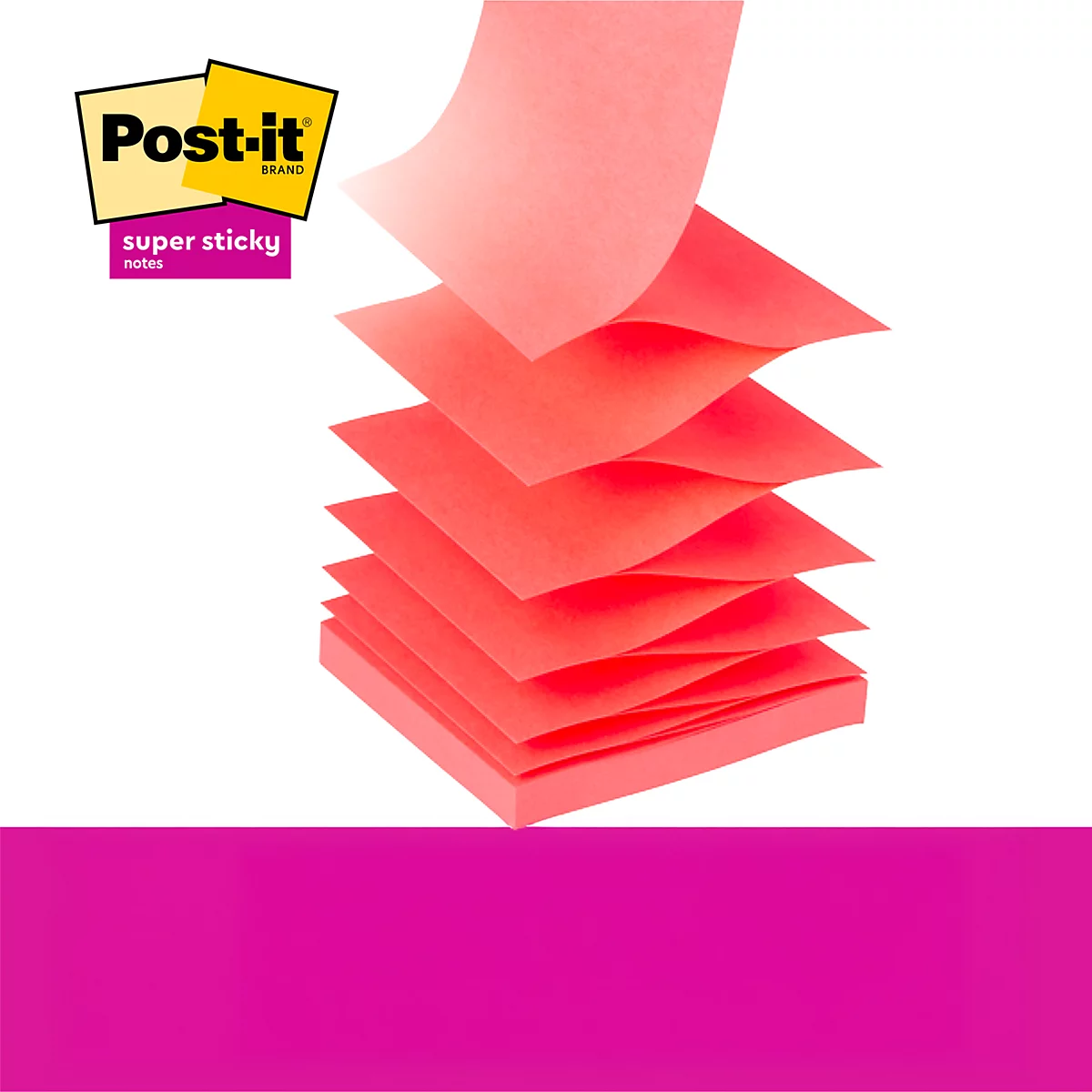 Rode Post-it notes, sommige vellen zijn opgetild. Post-it logo linksboven.