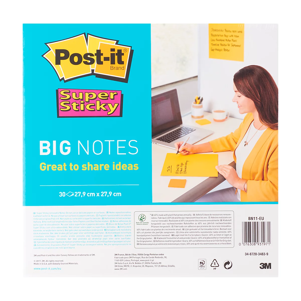 Post-it® Super Sticky Big Notes BN11-EU, 279 x 279 mm, 30 Blatt, gelb