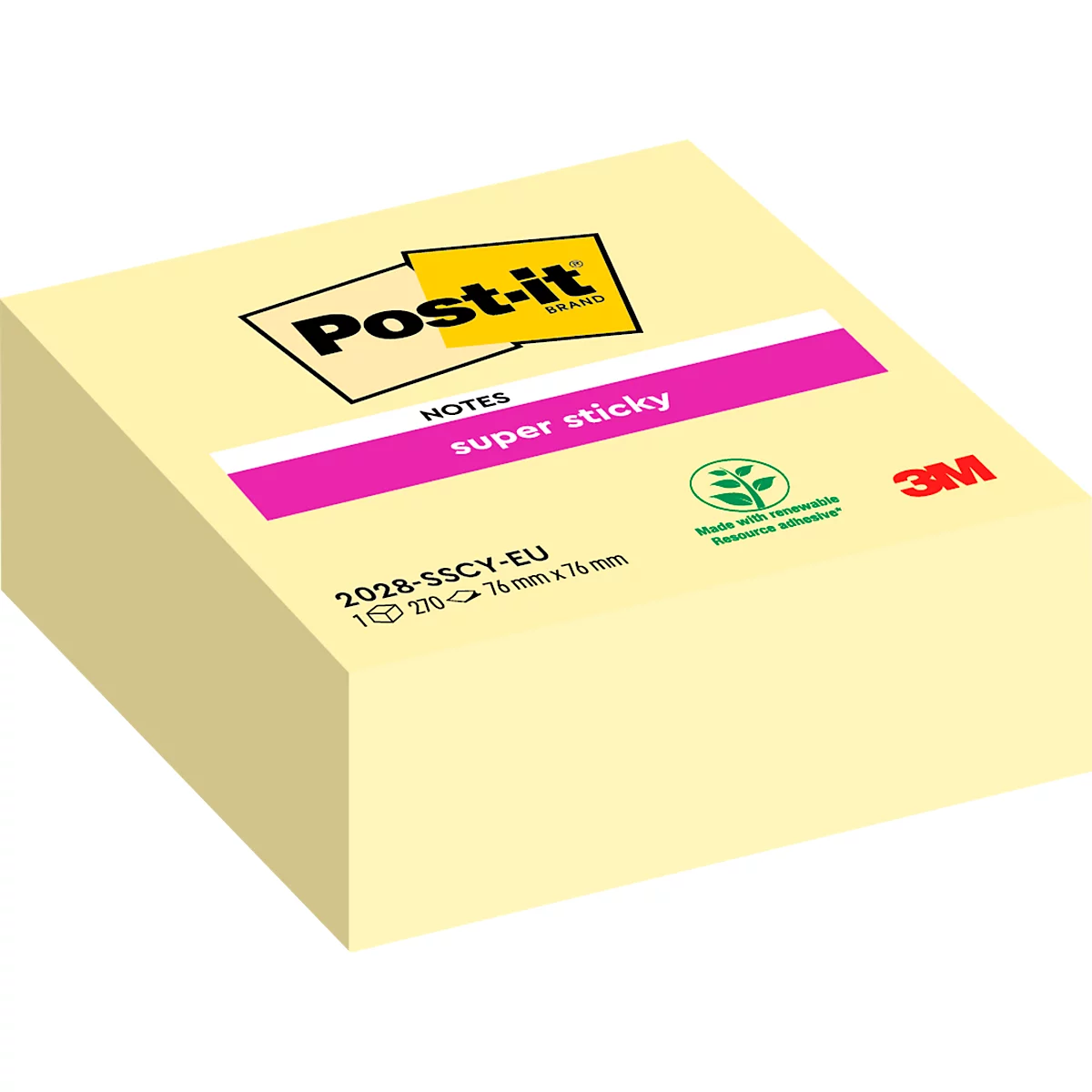 Lichtgele Post-it notitieblok met roze markering, Post-it logo, "super sticky" tekst en 3M logo.
