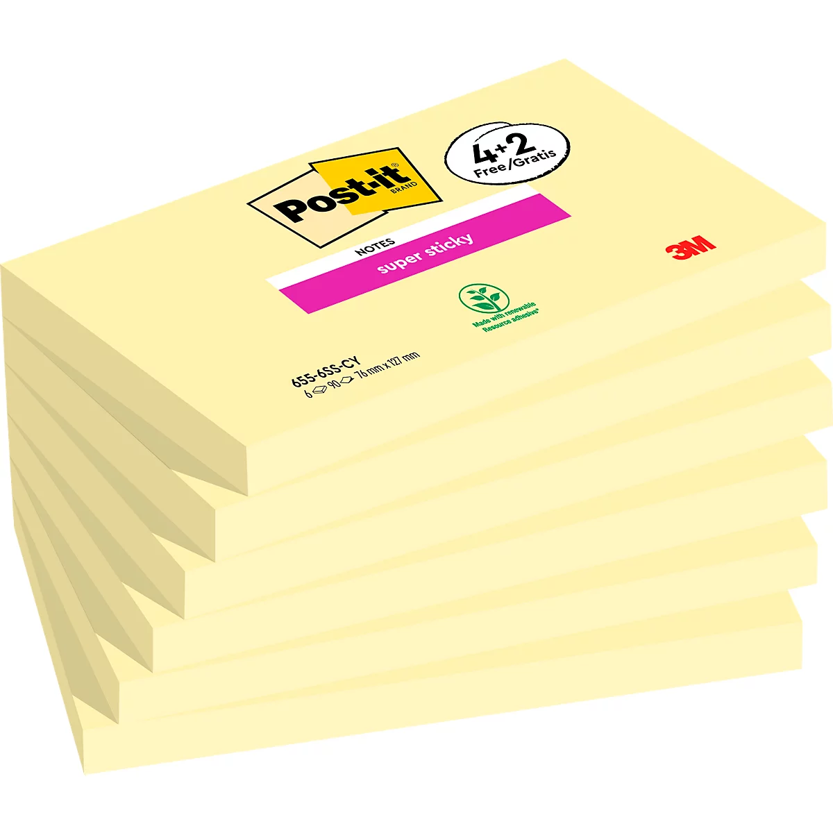 Ein Stapel gelber Post-it-Zettel mit der Aufschrift "Super Sticky" und dem Post-it-Logo.