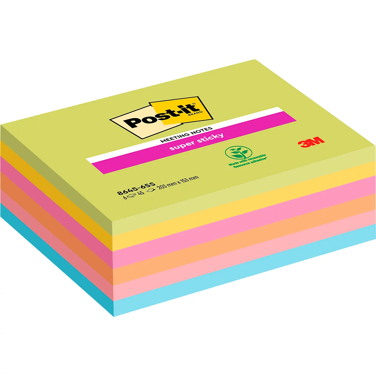 Une pile de Post-it colorés. Sur le dessus se trouve une feuille verte avec logo et lettrage.