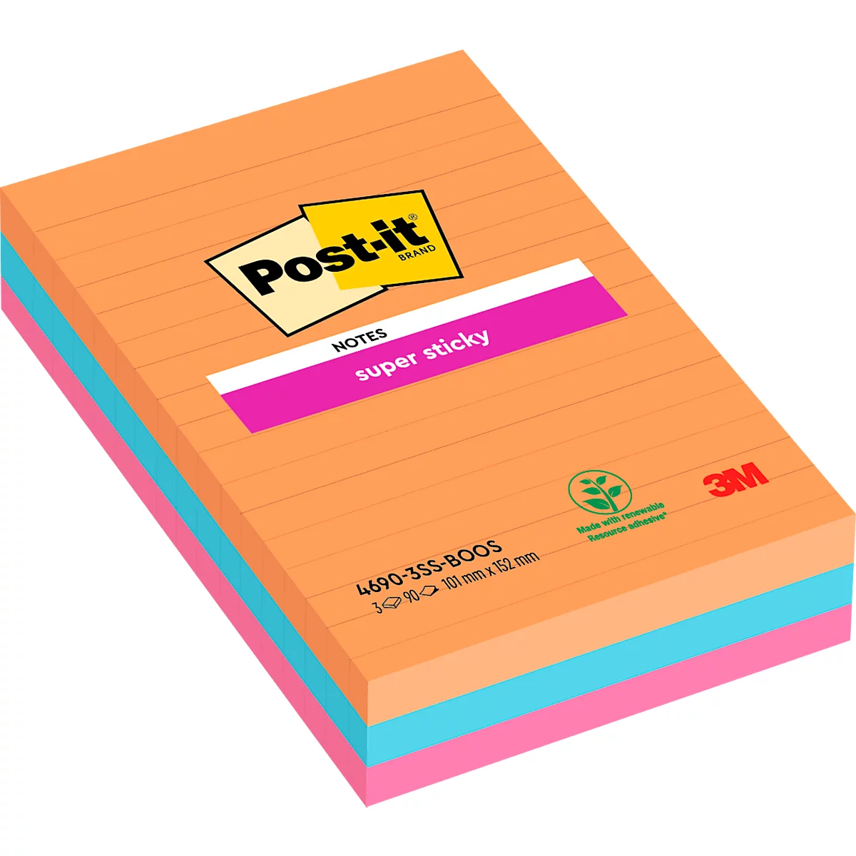 Ein Block Post-it Haftnotizen in Orange, Pink und Blau. Aufschrift: super sticky.