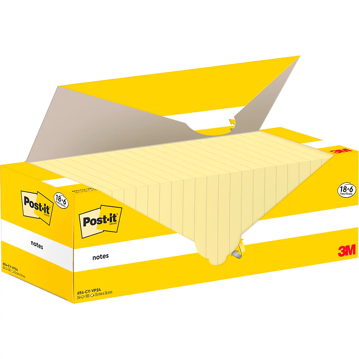 Gele Post-it notes in een doos met het "Post-it" logo. Het papier is gedeeltelijk uitgetrokken.