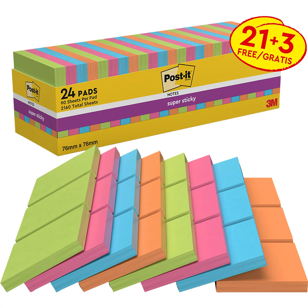 Packung Post-it Haftnotizen mit 24 Blöcken in verschiedenen bunten Farben auf weißem Hintergrund.