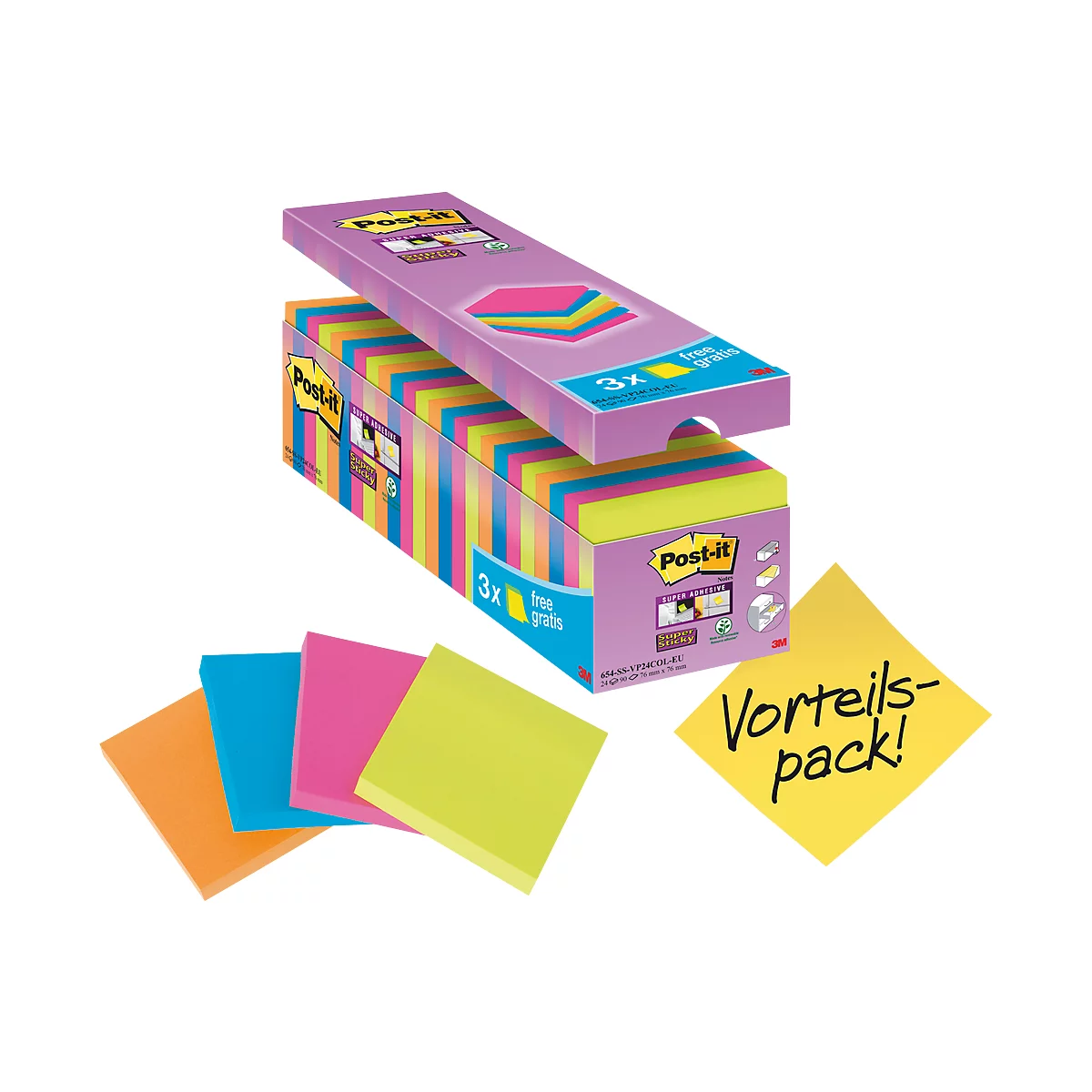 Post-it notes colorées, en partie sorties de la boîte. Sur un post-it jaune, on peut lire 'Vorteilspack!'