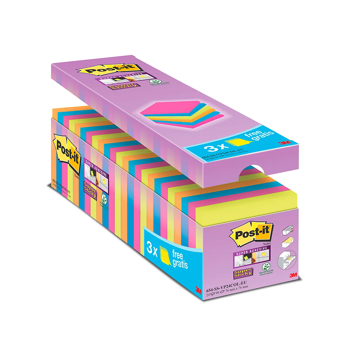 Bloc-notes Post-it avec feuilles colorées. L'emballage a une teinte violet clair avec le logo Post-it et une note 3x gratuite.