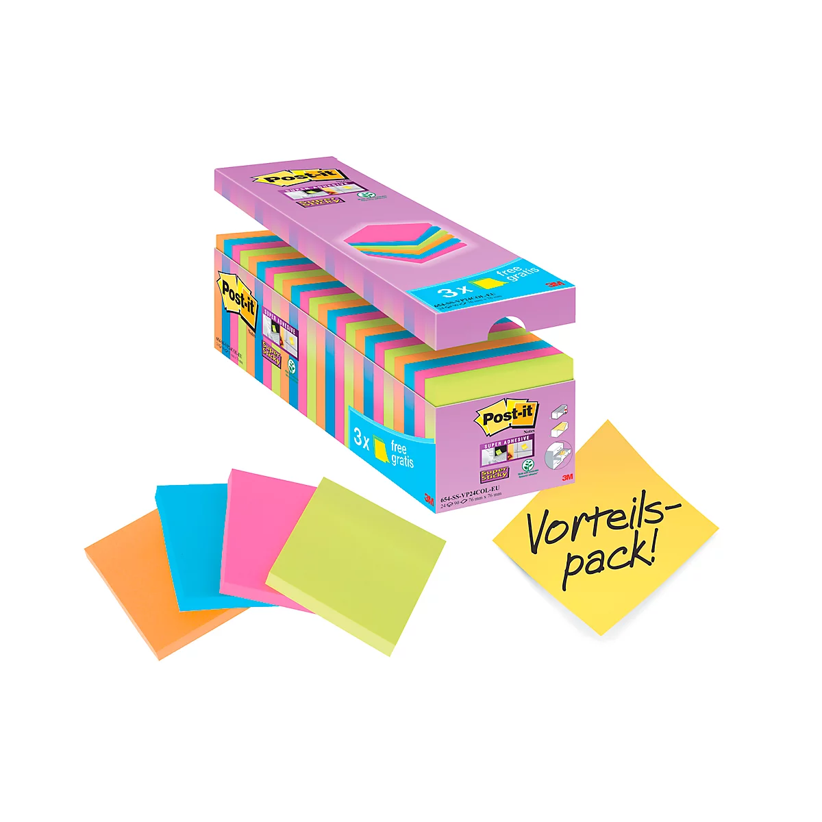 Bloc-notes Post-it dans un emballage, différentes couleurs, plus une note jaune avec "Vorteilspack!".
