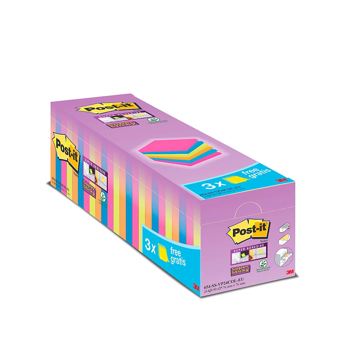 Paarse Post-it notitiebox met kleurrijke notities. Inscriptie: 3x gratis.