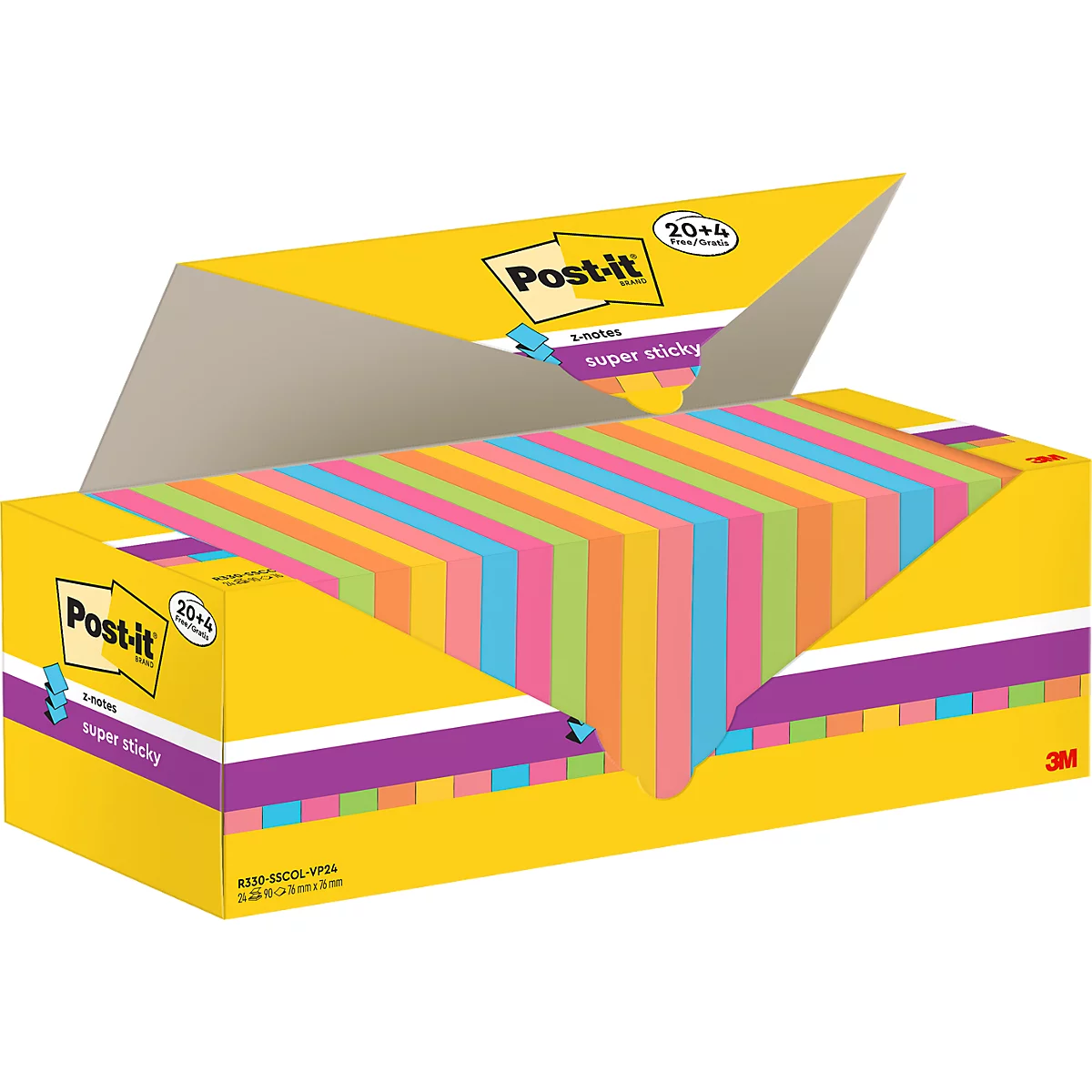 Gelber Spender mit farbenfrohen, gestreiften Post-it Super Sticky Haftnotizen im 24er-Pack.