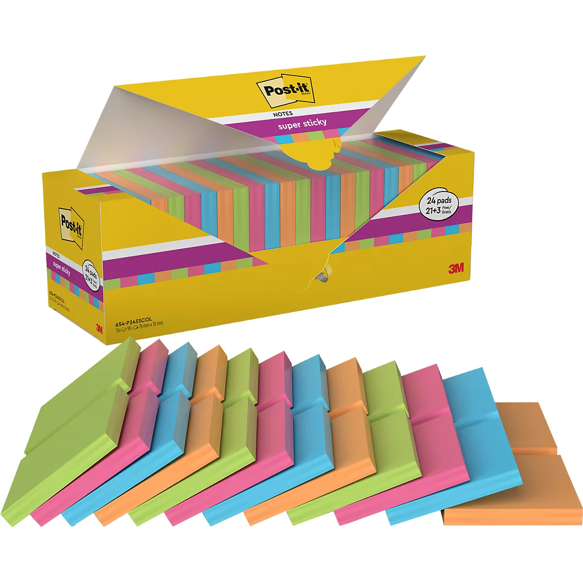 Eine gelbe Vorratsbox mit Post-it Super Sticky Notes und zwölf farbenfrohen Haftnotizblöcken davor.