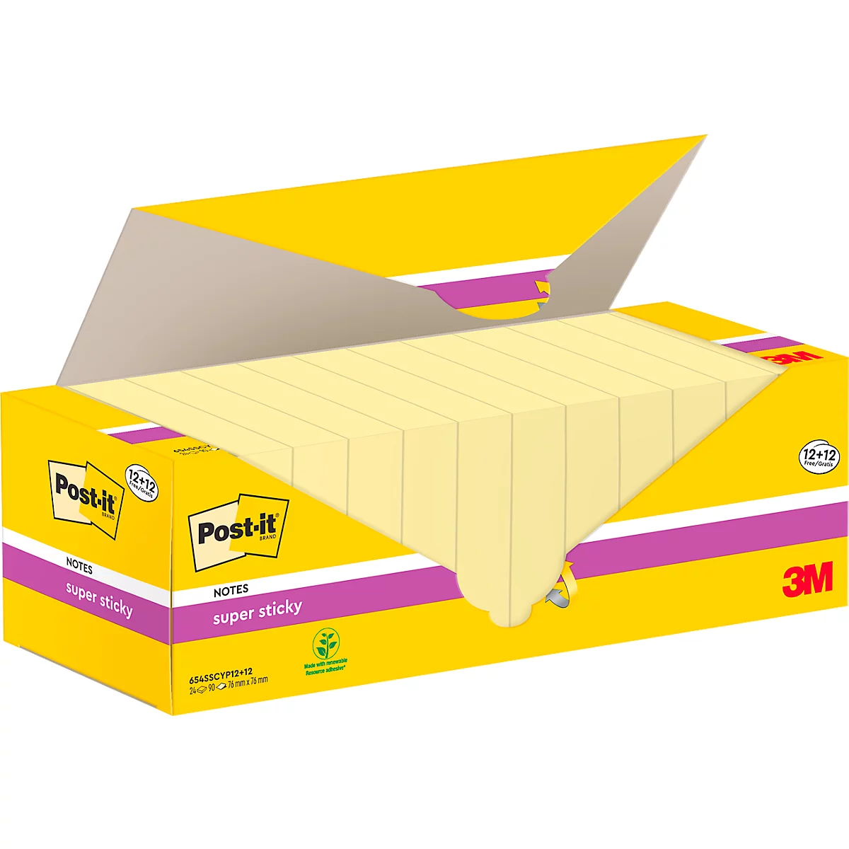 Bloc-notes Post-it jaunes dans une boîte ouverte. Les mots 'Post-it' et 'super sticky' sont visibles.