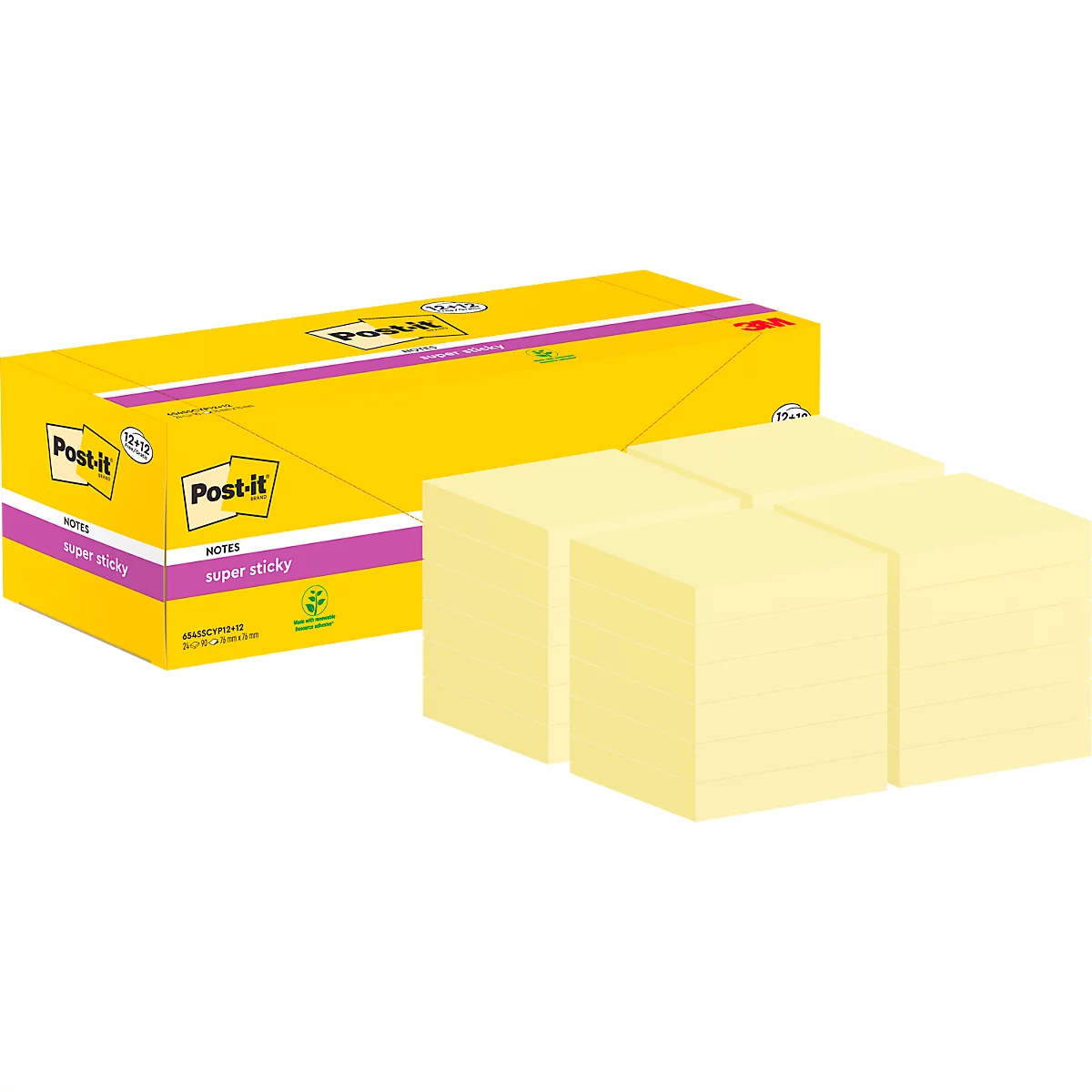 Post-it notes jaunes, en boîte et en blocs. La boîte est jaune avec des accents violets et le logo.
