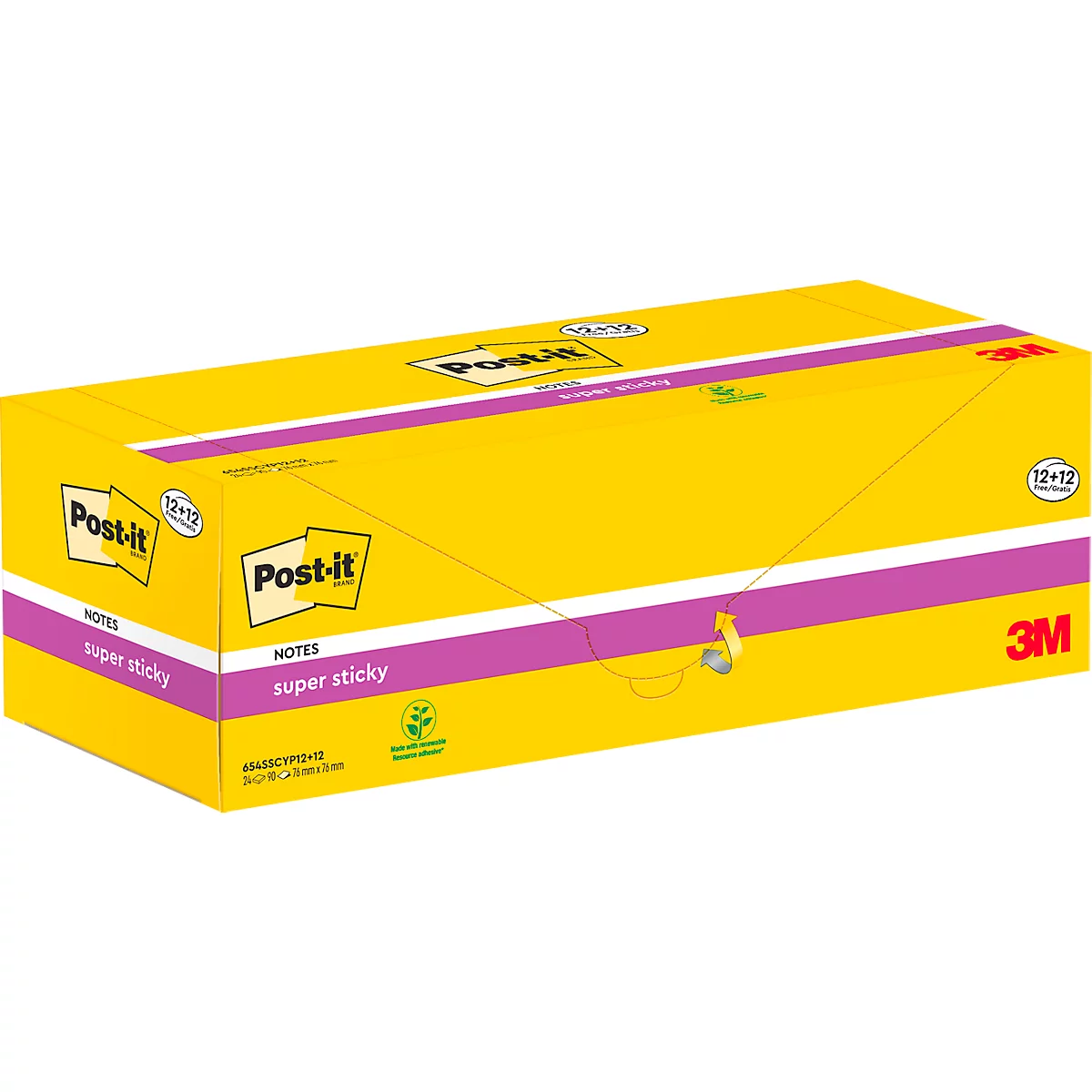 Boîte de notes autocollantes Post-it jaune avec un accent violet. Inscription : Post-it, super collant.