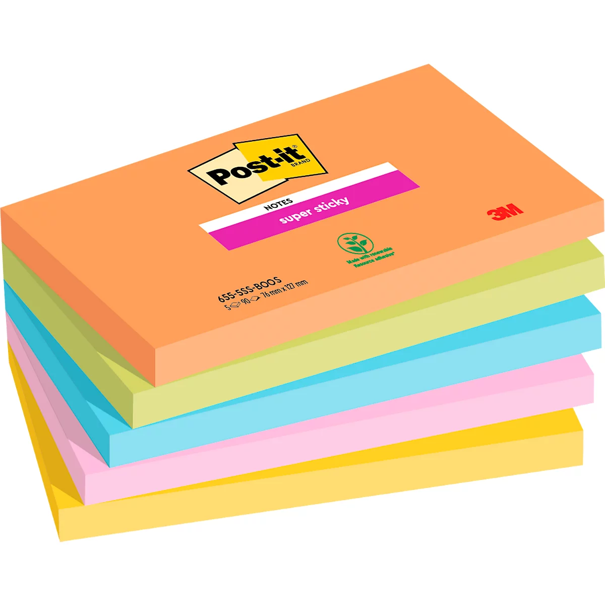 Une pile de Post-it de différentes couleurs. Orange, vert, bleu, rose et jaune, avec le logo Post-it.