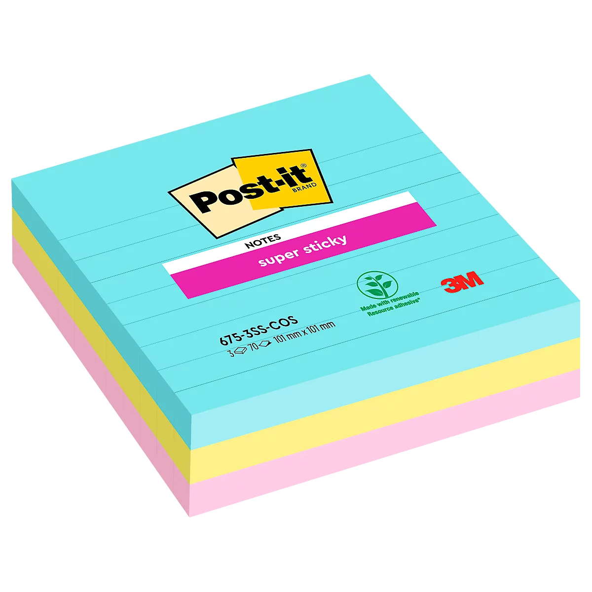 Post-it® Super Sticky Notes 675-S3M Miami, 101 x 101 mm, 3 x 70 Blatt, liniert, bunt