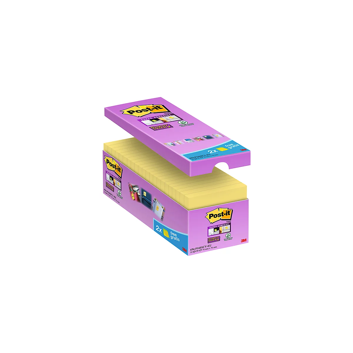 Un paquet de Post-it jaunes avec un couvercle violet, ouvert.