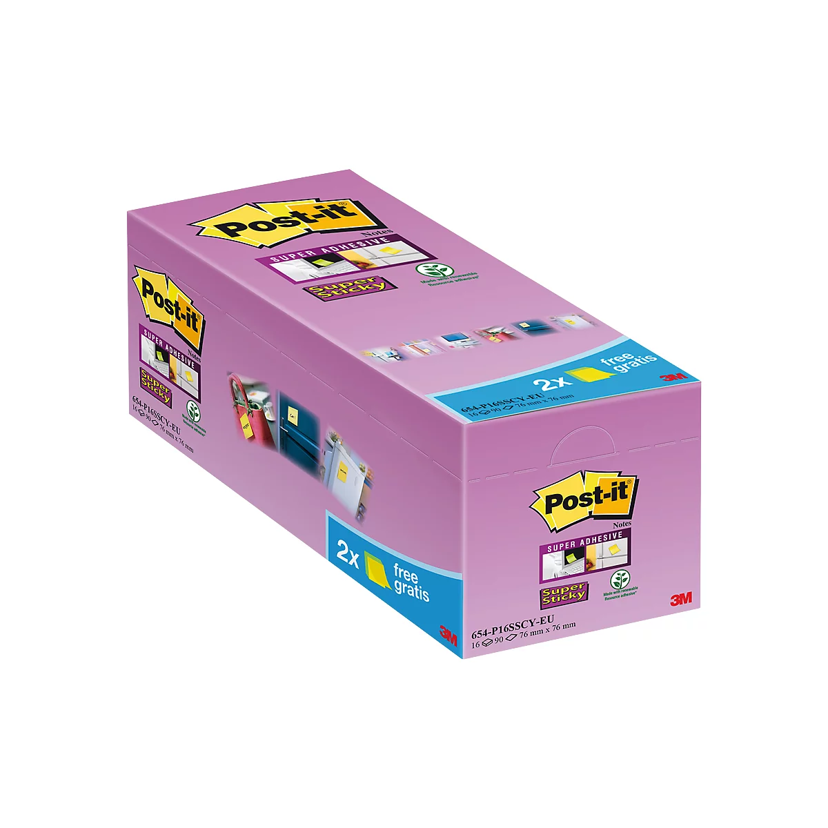 Een paarse doos met Post-it plaknotities. Op de doos staat "Post-it", "Super Adhesive" en "Super Sticky". Eén hoek zegt "2x gratis gratis".
