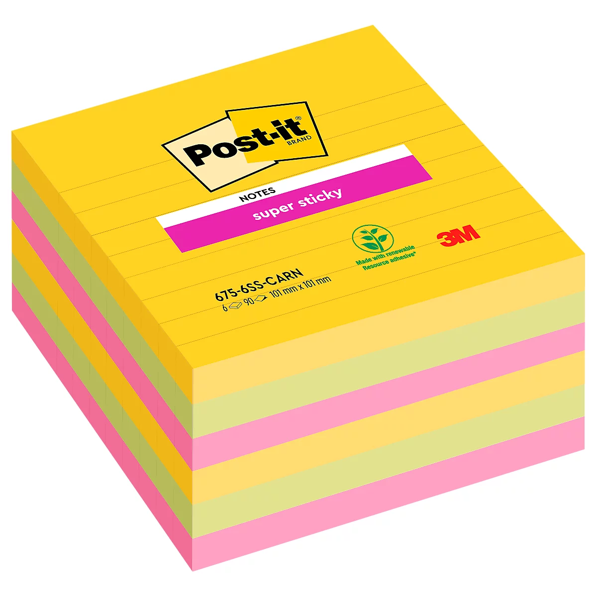 Post-it® Super Sticky Notes Carnival 675-6SS-CARN, 101 x 101 mm, farbig & liniert, 6 Blöcke á 90 Blatt