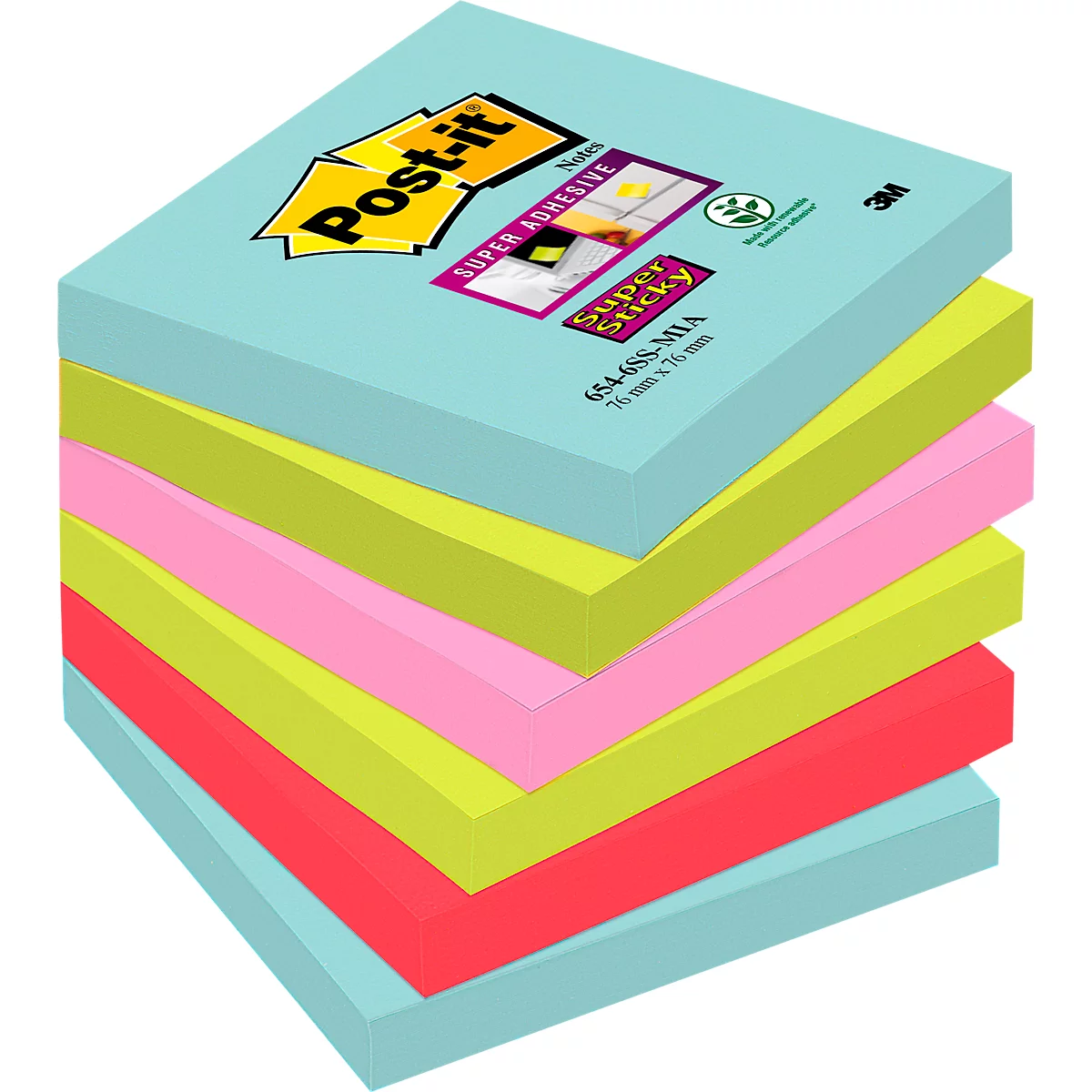 Stack of colorful Post-it notes. Blue, green, pink, red, and yellow.