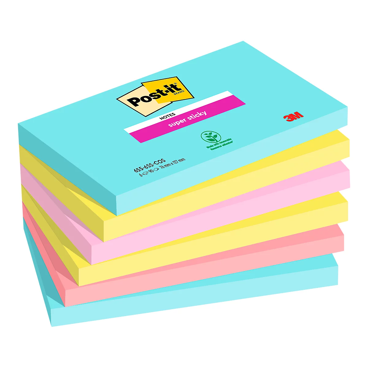 Post-it® Super Sticky Notes Cosmic 655-6SS-COS, 127 x 76 mm, farbig, 6 Blöcke á 90 Blatt