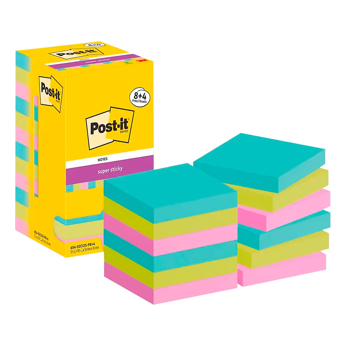 Post-It Super Sticky Notes, Cosmic Collection, 76 mm x 76 mm, 90 Blatt, 8 Blöcke + 4 Gratis/Packung, verschiedene Farben 