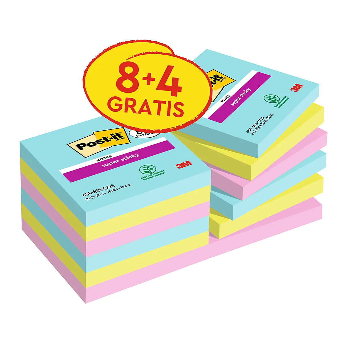 Post-It Super Sticky Notes, Cosmic Collection, 76 mm x 76 mm, 90 Blatt, 8 Blöcke + 4 Gratis/Packung, verschiedene Farben 