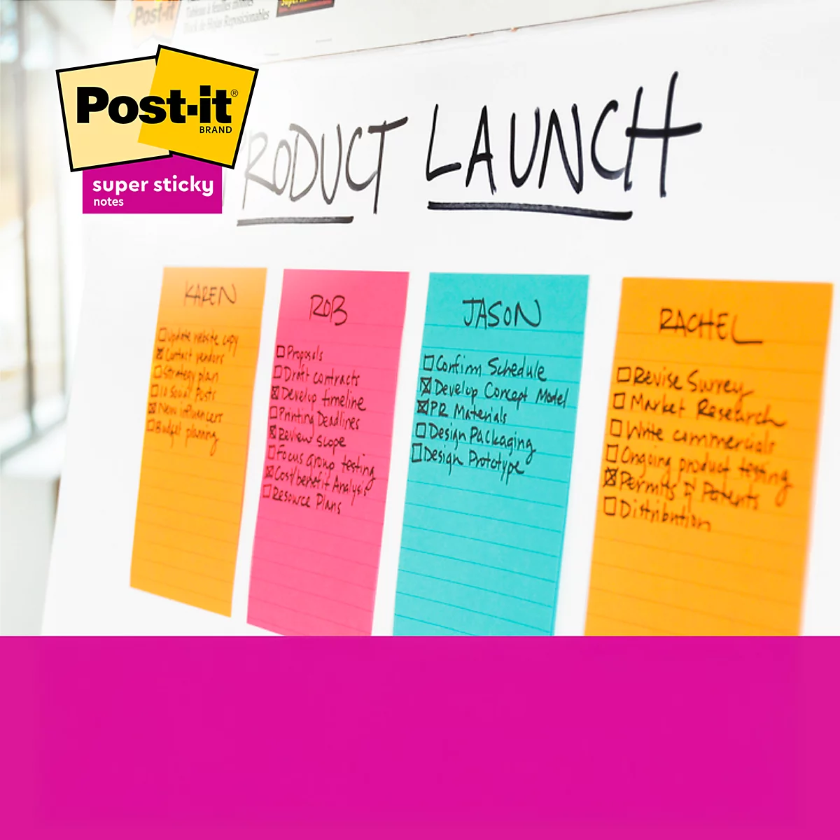 Un paperboard avec des Post-it pour une réunion de lancement de produit. Différentes tâches sont notées sur les notes.