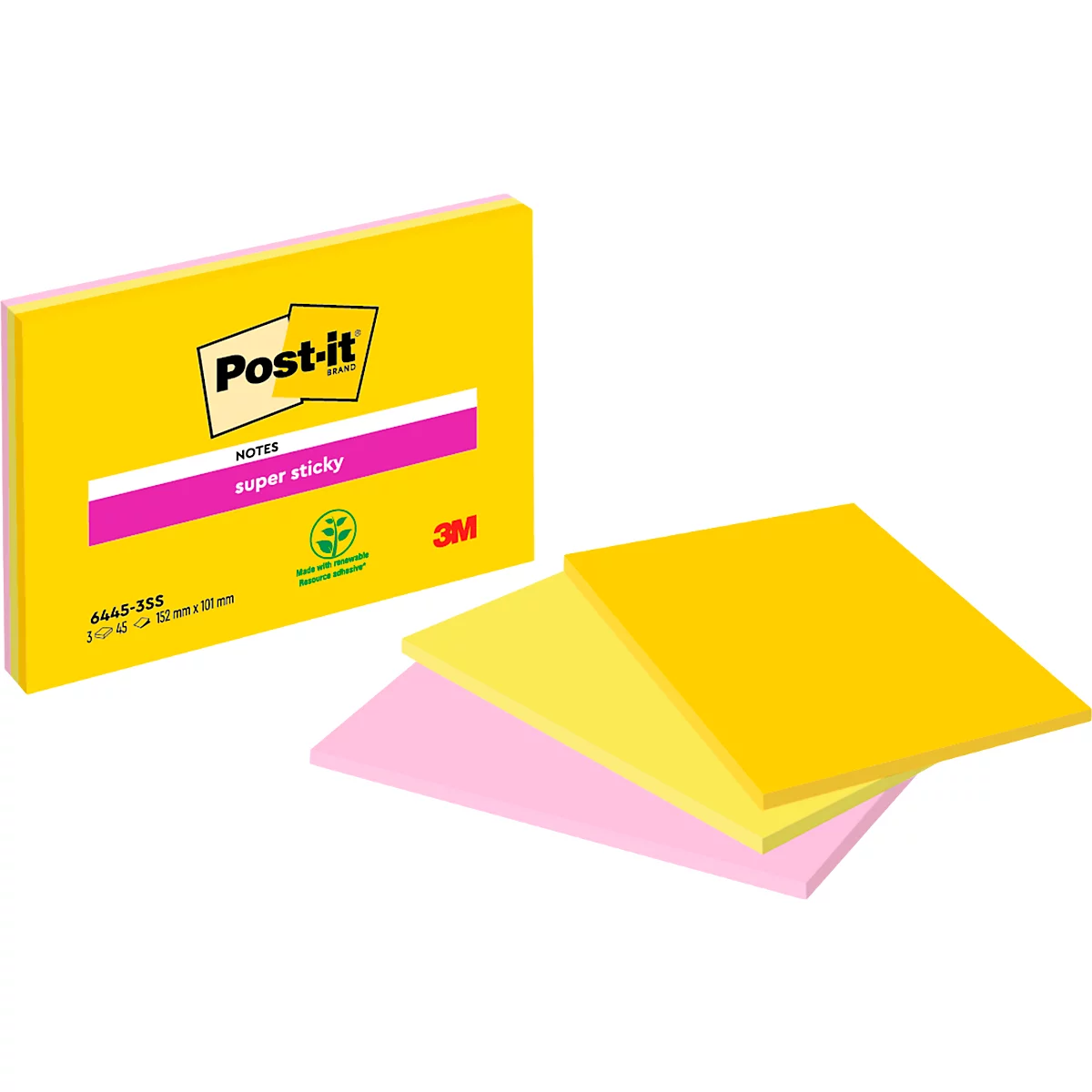 Post-it memoblaadjes: geel notitieboekje, 3 losse blaadjes in geel, roze en geel, verpakking met logo.