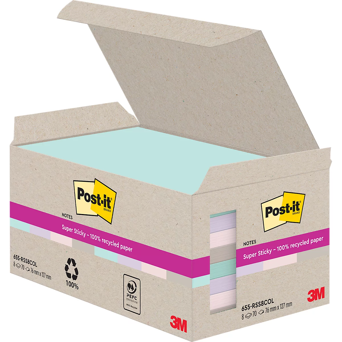 Boîte Post-it ouverte. Le lettrage Post-it est en haut. Sur le côté gauche, on trouve l'inscription : 655-RSS8COL.