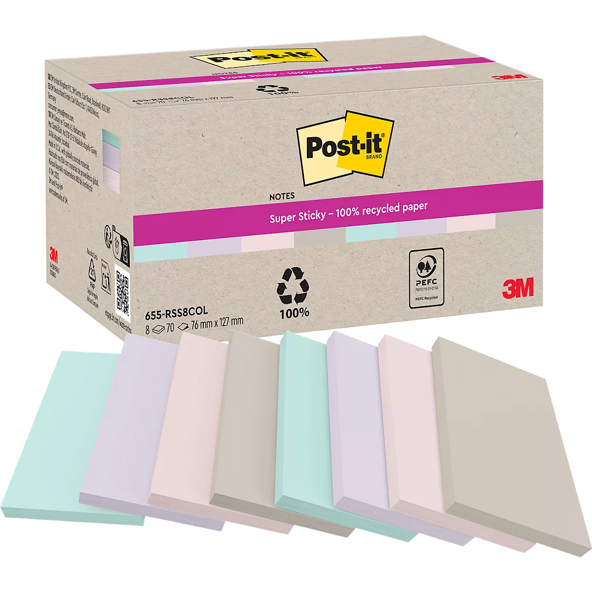 Post-it-Notizen in Pastelltönen, neben einer Verpackung, Aufschrift: Super Sticky, 100% Recyclingpapier.