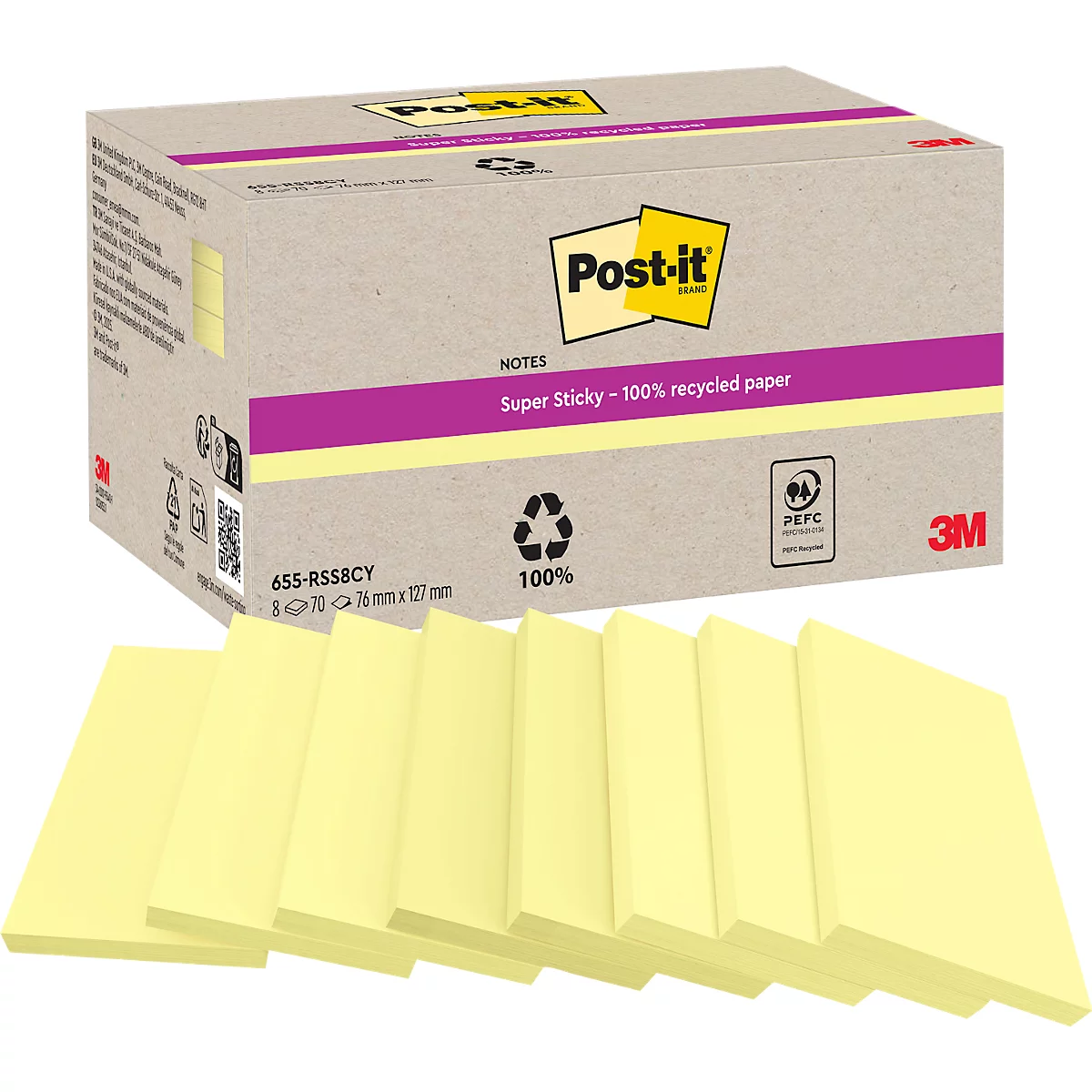 Bloc-notes Post-it jaune clair et une boîte. Logos et texte imprimés comme 'Post-it' et 'Super Sticky'.