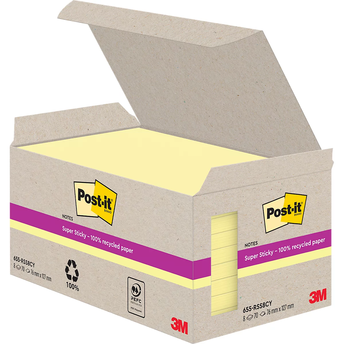 Bloc-notes Post-it jaunes dans une boîte en carton. La boîte est ouverte. Le nom de la marque est sur la boîte.