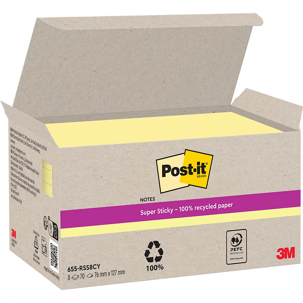 Gele Post-it notes in kartonnen verpakking met de tekst "Super Sticky".