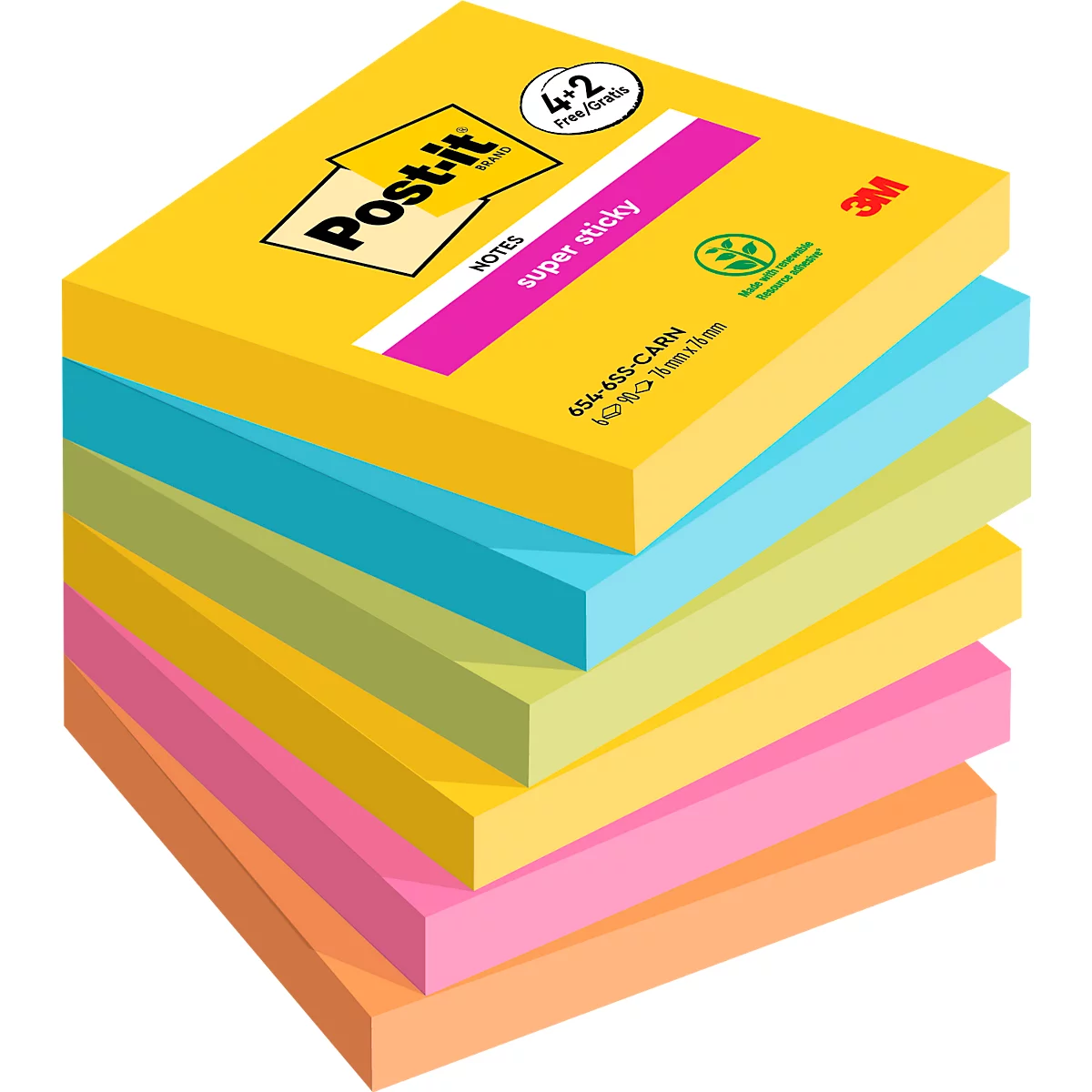 Een stapel kleurrijke Post-it-blaadjes. Het bovenste blok is geel met daarop "Post-it" geschreven. Daaronder zitten blokken in blauw, groen, roze en oranje.