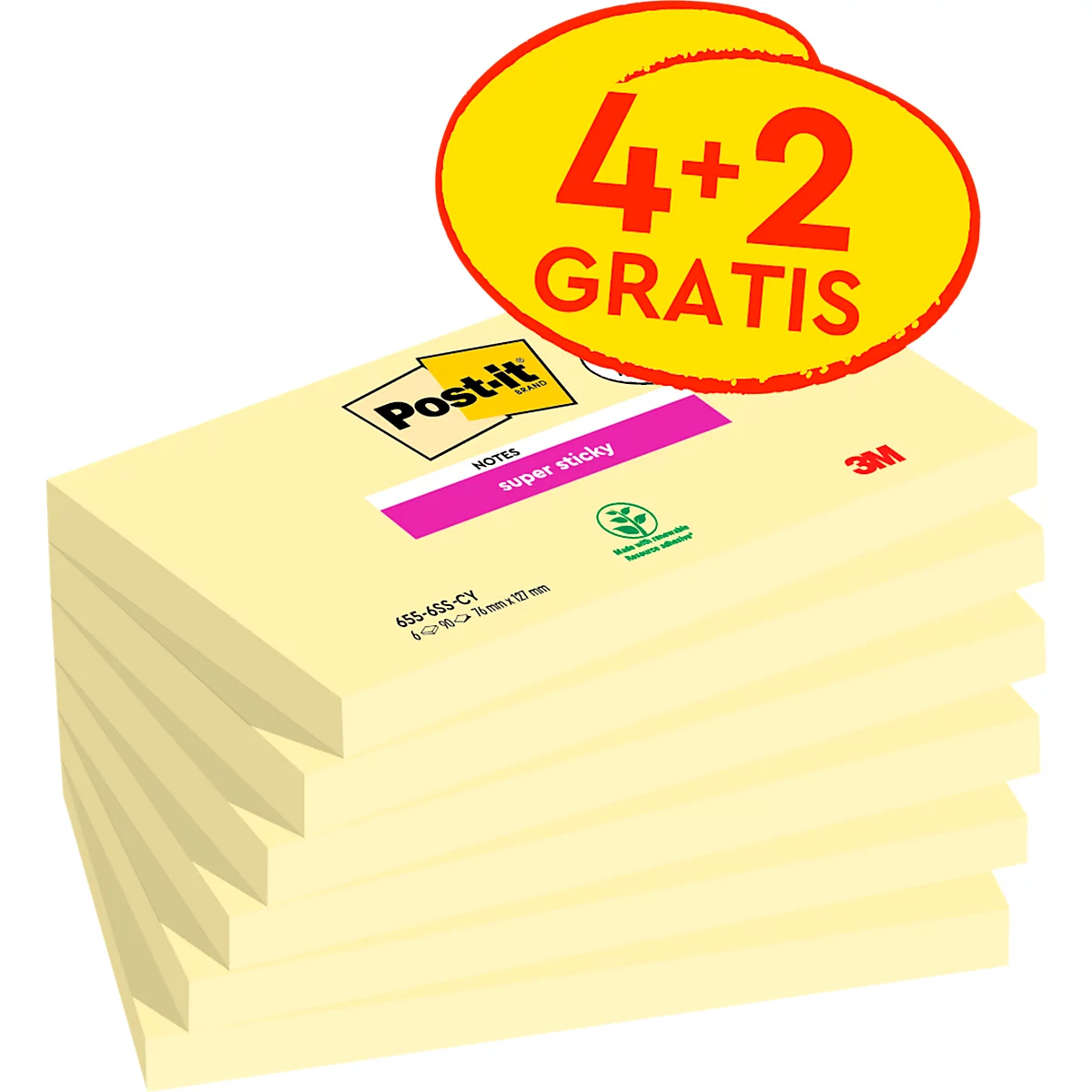Gele Post-it notes, daarboven een gele banner met de tekst "4+2 GRATIS".
