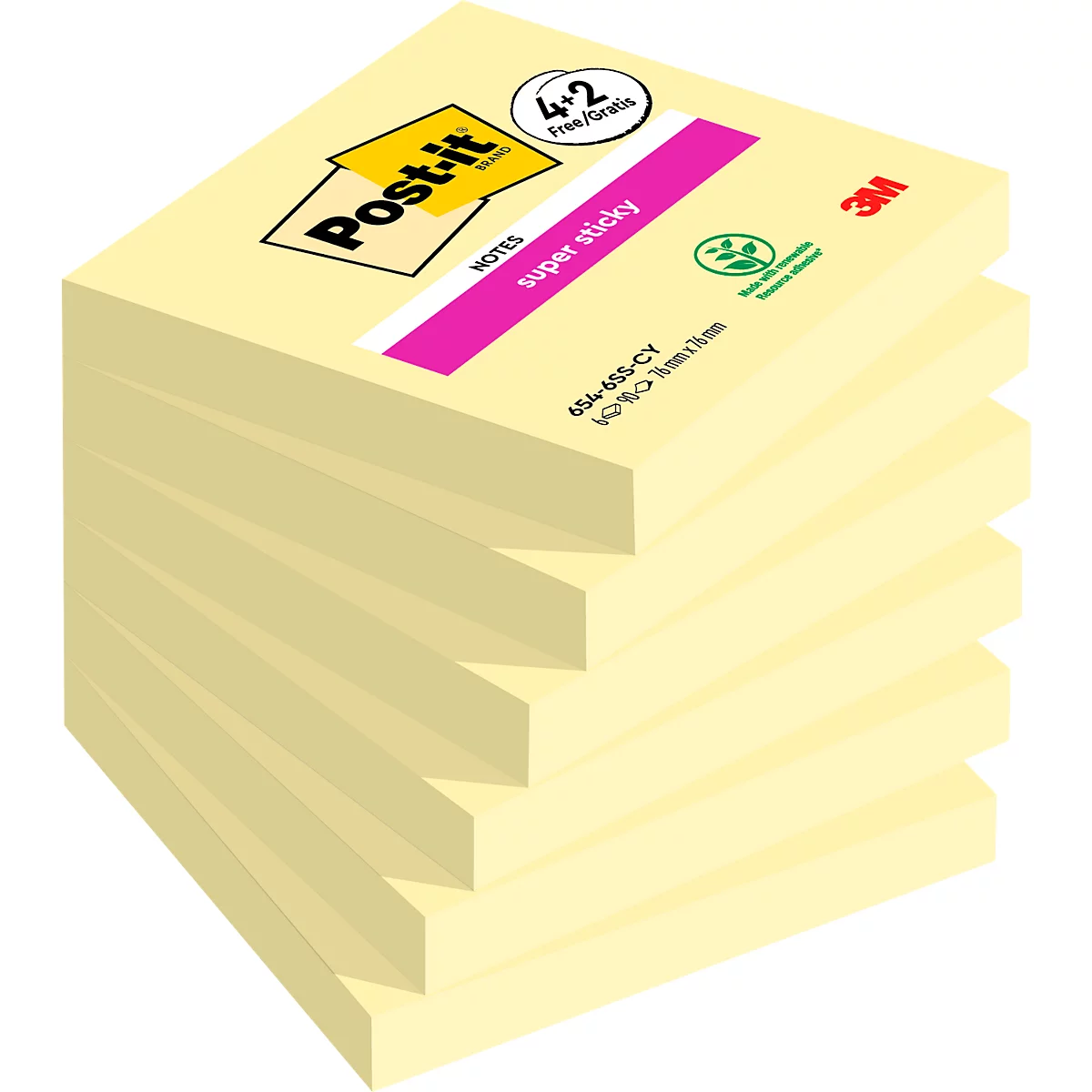 Een stapel gele Post-it briefjes. Op het bovenste briefje staat 'Post-it' en 'super sticky'.
