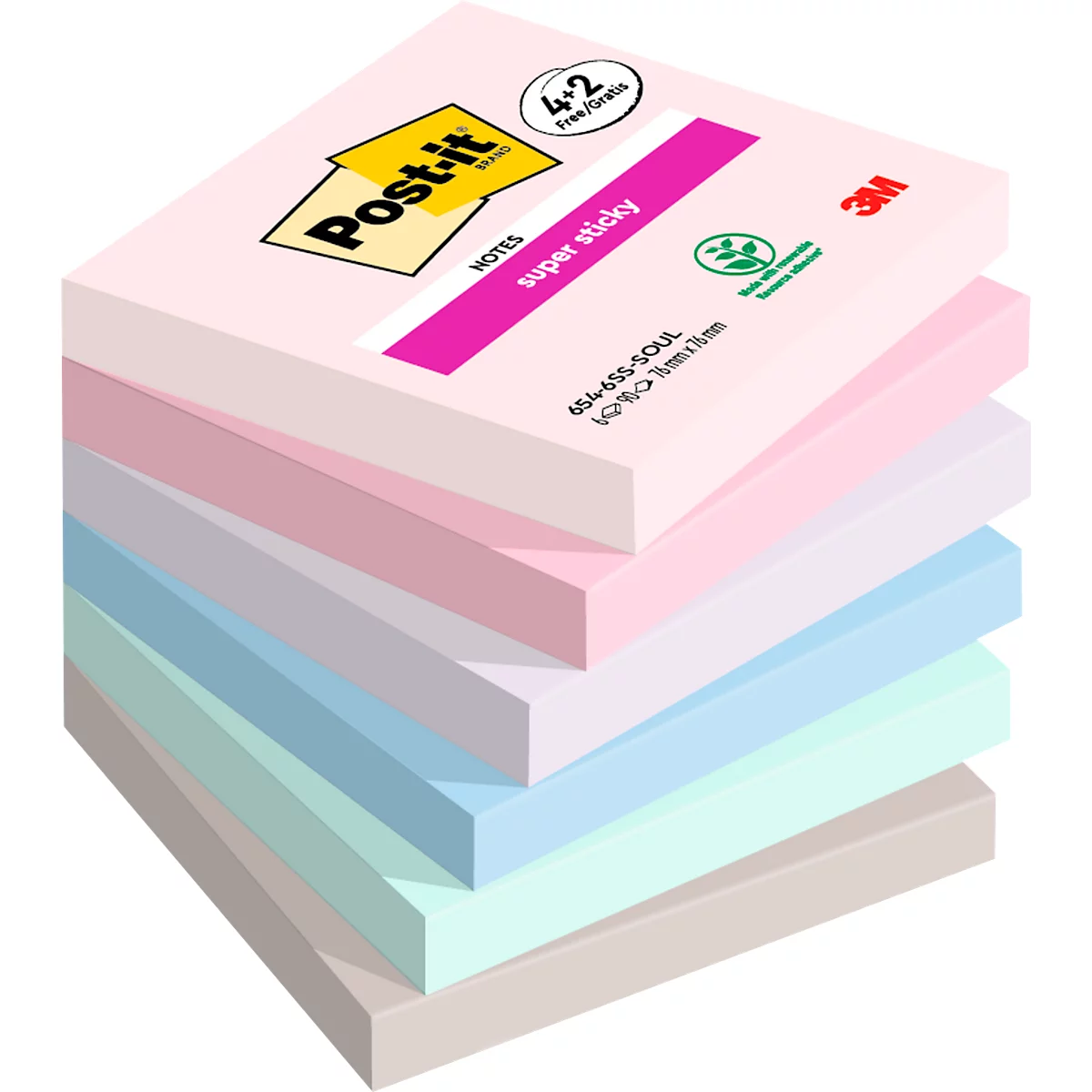Een stapel pastelkleurige Post-it notes. Op het bovenste blad staat "Post-it", "super sticky" en andere informatie.