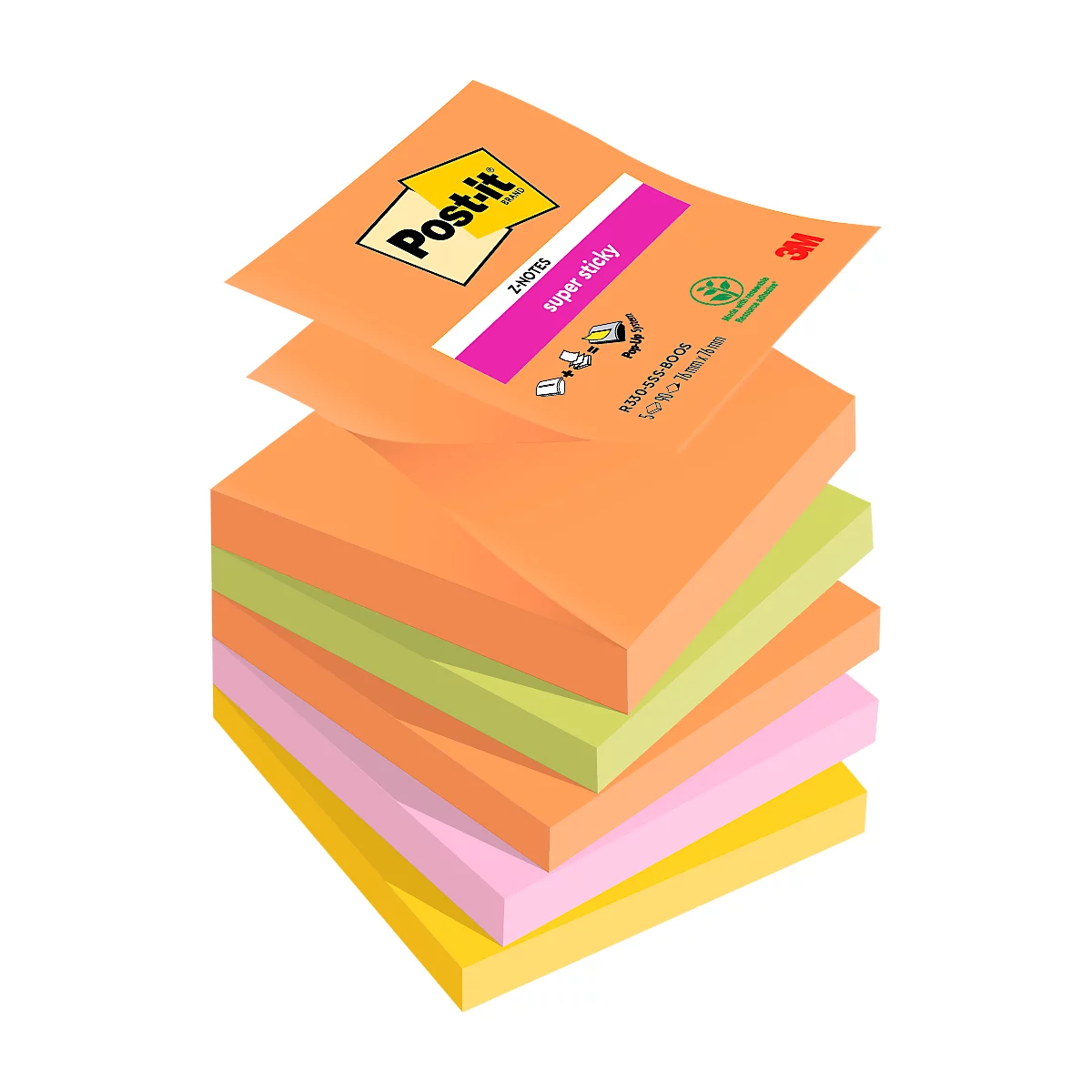 Une pile de Post-it de différentes couleurs. En haut, une note avec 'Post-it' et 'super sticky'.